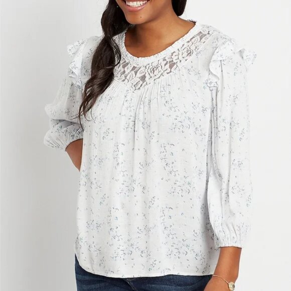 Maurices NWT White Blue Floral Boho Peasant Lace Yoke Flutter 3/4 Sleeve Blouse - Picture 1 of 10